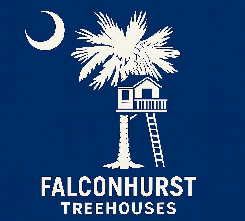 Falconhurst Treehouses logo with palm tree, treehouse, and crescent moon